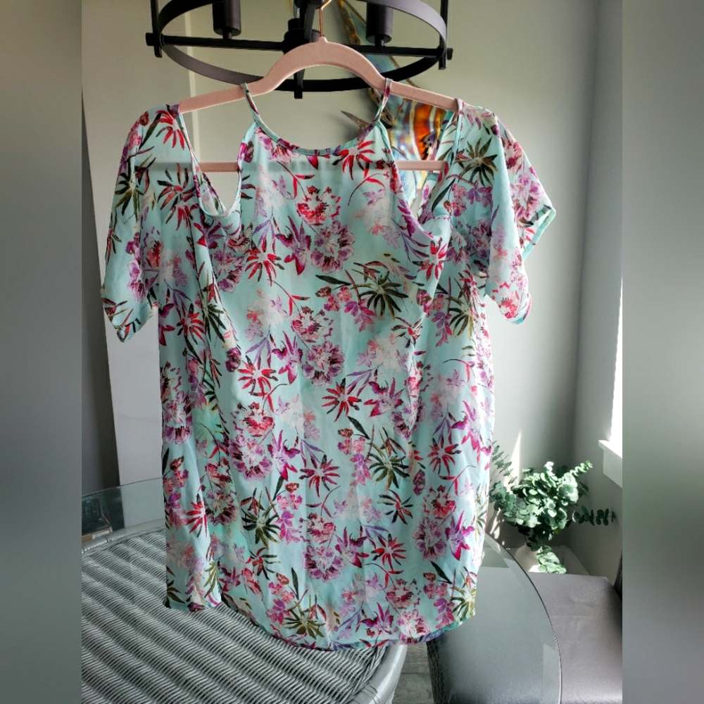 Light Blue Floral Top, Cold Shoulder Short Sleeve Soft Pastel Cottagecore Blouse